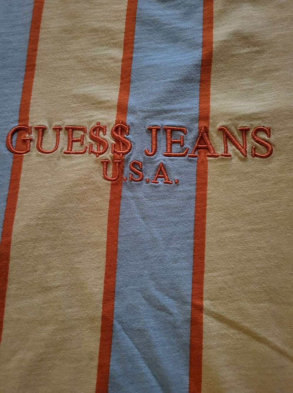 Guess Originals T-Shirt Mens Small Yellow Blue Orange Striped Embroidered Logo - Picture 3 of 8